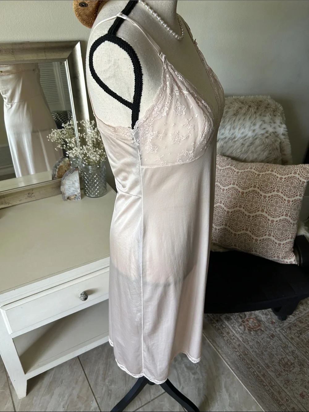 Vtg USA Dixie belle champagne cream pink lace nylon midi slip night dress 36 - Picture 6 of 16
